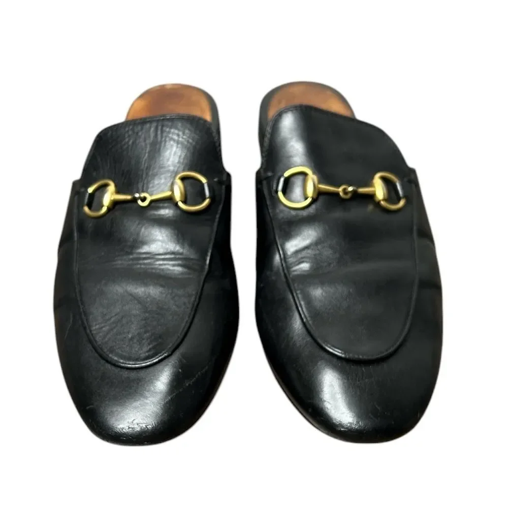 Gucci Princetown Horsebit Loafer Mule Size 37.5 Black Leather Buckle Slippers - Picture 3 of 7